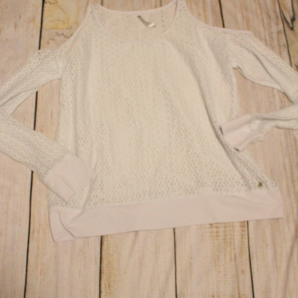 NWOT White Crochet See-Through Cold Shoulder Top